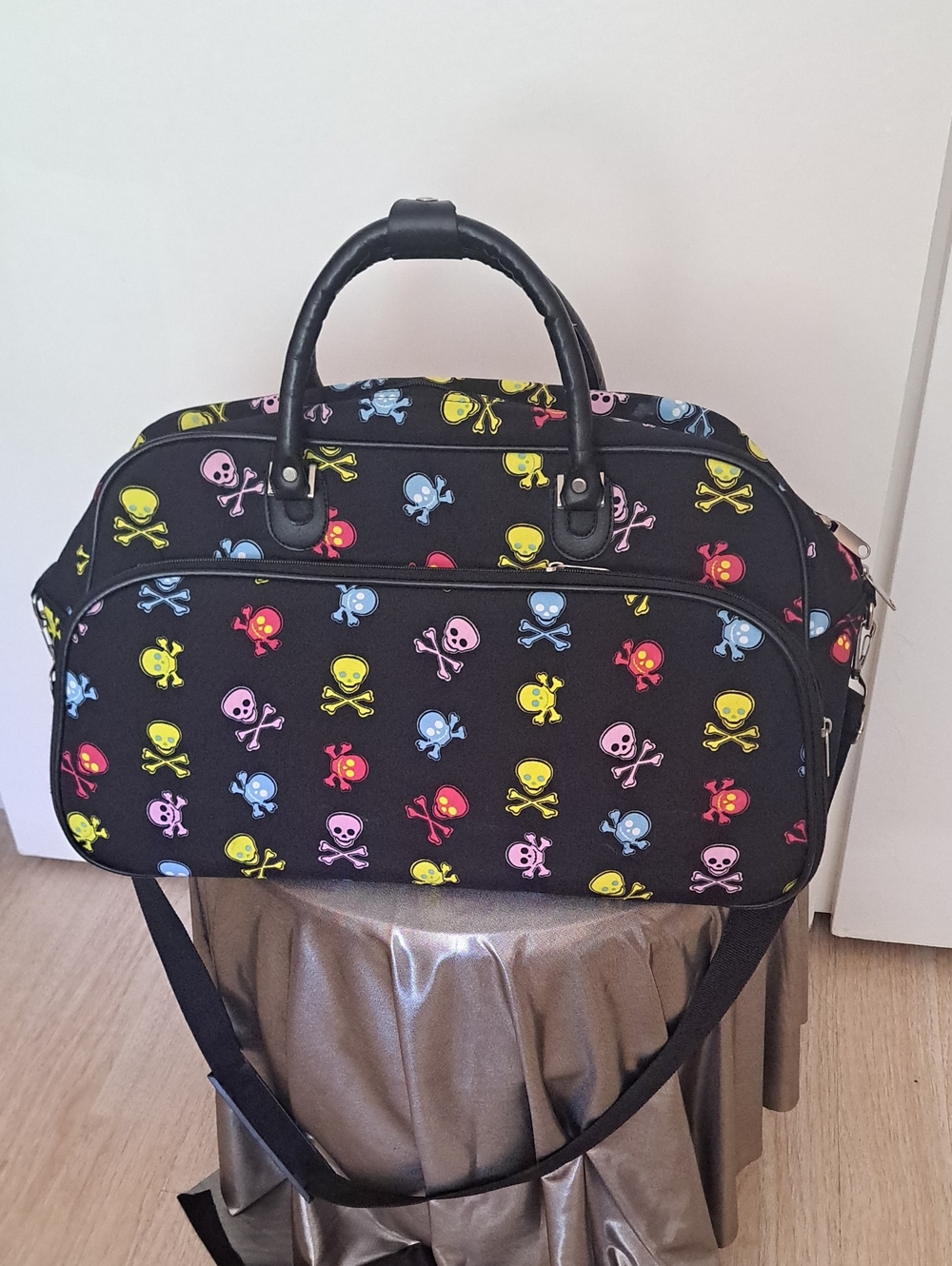 Skulls Design Black Duffel Bag with Multicolor Print